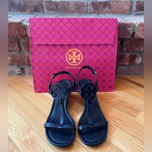 Tory Burch Navy Tumbled Leather Mini Miller 60MM Wedge Sandals - Picture 3 of 14